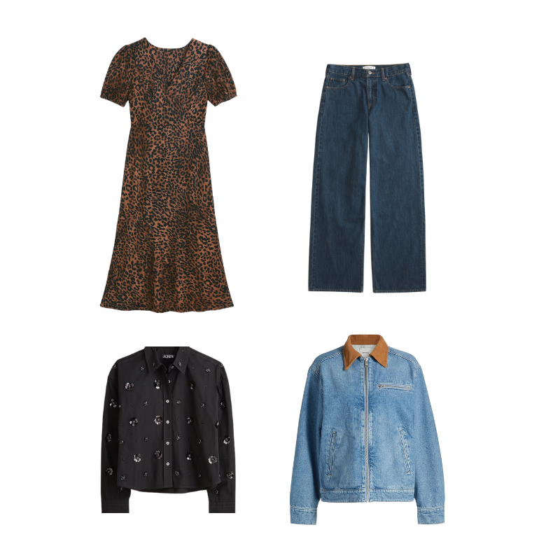 Rails: Junia Dress in Ginger Spotted Abercrombie & Fitch: A&F Sloane Tailored Hardware Wide Leg Pant J.Crew: Étienne Cropped Button-Up Shirt in Embellished Cotton Poplin Reformation: Harrison Utility Jacket