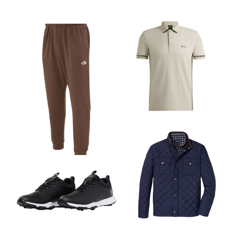 The North Face: Men’s Evolution Simple Dome Joggers in Smokey Brown BOSS: Interlock-Cotton Slim-Fit Polo Shirt with Contrast Trims in Light Beige TravisMathew: The Ringer 2 Golf Shoe in Black Mizzen+Main: Brentwood Jacket in Navy