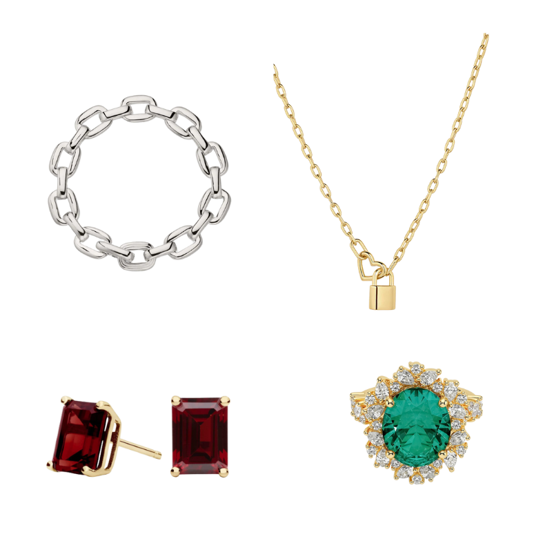 Mejuri: Stevie Bracelet gorjana: Heart Padlock Interlocking Necklace Blue Nile: Emerald Cut Birthstone Garnet Stud Earrings in 14K Yellow Gold Garnet Brilliant Earth: Olivetta Lab Emerald and Lab Diamond Cocktail Ring in 18K Yellow Gold