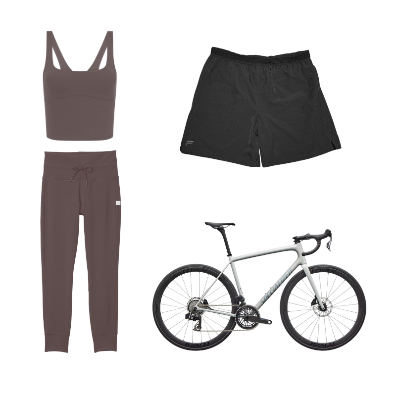 Vuori: Vuori AllTheForm™ Support Tank & Daily Form Legging in Huckleberry Fabletics: The Fundamental Short in Black Specialized: Aethos 2 Expert SRAM Force AXS in Gloss Dolomite Metallic