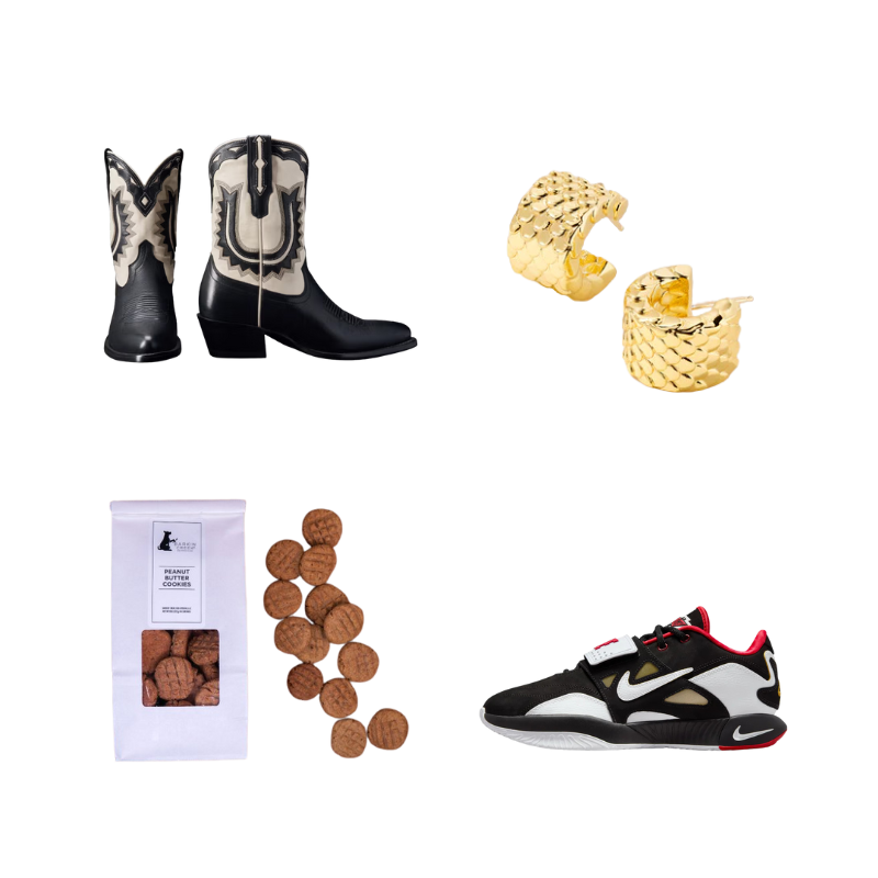 Tecovas: The Jolene in Midnight/Bone Nina Berenato Jewelry: Snake Skin Huggie Earrings Barkin' Creek: Peanut Butter Dog Cookies Kicking It: Nike Prime 93 in Black/White-Fire Red