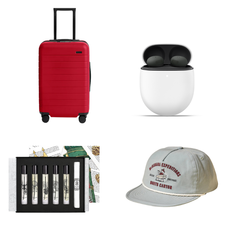 Away: The Carry-On Flex in Cherry Red Google Store: Pixel Buds Pro 2 in Hazel diptyque: Set of 5 Eaux de Parfum Faherty: Nazare Corded All Day Hat - Coastal Sage