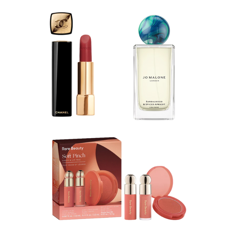 CHANEL: Rouge Allure Velvet Luminous Matte Lip Colour in 549 - Rouge Vie Jo Malone London: Sandalwood & Spiced Apricot Cologne Sephora: Rare Beauty Soft Pinch Cheek & Lip Trio Makeup Gift Set 