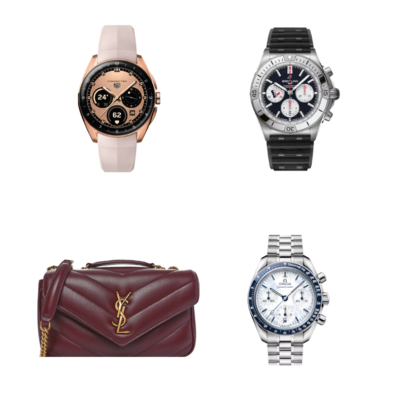 TAG Heuer: Connected Calibre E5 Golden Bright Edition Breitling: Chronomat B01 42 NFL Houston Texans Edition Fashionphile: Saint Laurent Lambskin Chevron Quilted Small Loulou Bag Rouge Cabernet OMEGA: Speedmaster 38 in Steel on Steel