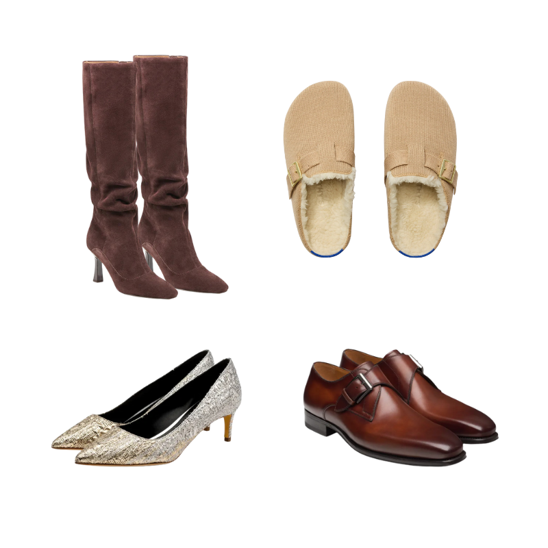 dolce vita: Lousa Boots in Mahogany Suede Rothy's: The Cozy Buckle Clog in Honey SHOWROOM: Rupert Sanderson Nora Silver Gold Drill Nordstrom: Marco V Monk Strap Shoe in Brandy