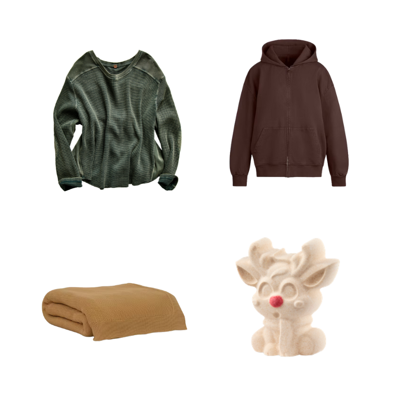 Free People: The Blake Thermal in Green SKIMS: Oversized Zip Up Hoodie in Espresso Saatva: Sweater Knit Blanket in Terra LUSH: Reindeer Bath Bomb