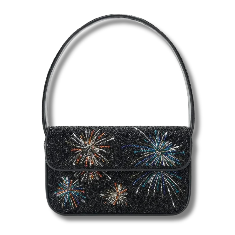 Black beaded purse with fireworks