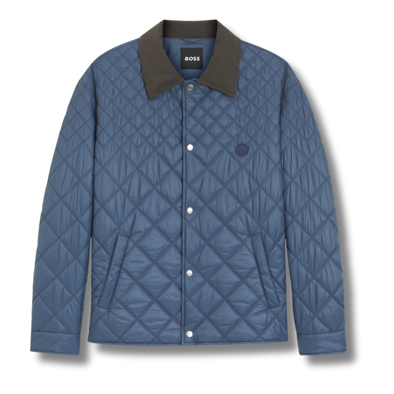 Blue puffer with quilted stitching and dark brown collar