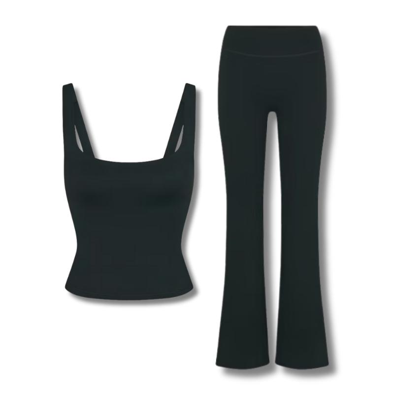 Dark teal sport tank with dark teal flare leggings