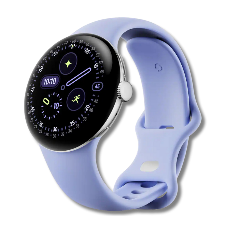 Google pixel smart watch with lilac rubber wristband