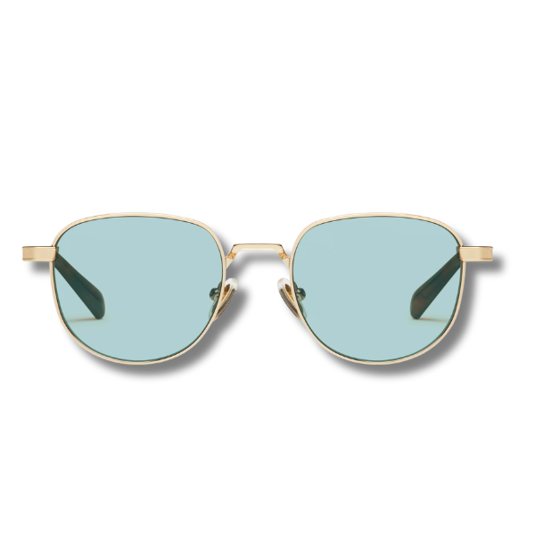 Sunglasses with light blue lenses and gold rim
