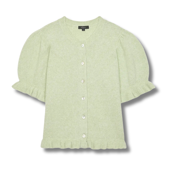 Pale green top with white buttons going down the shirt