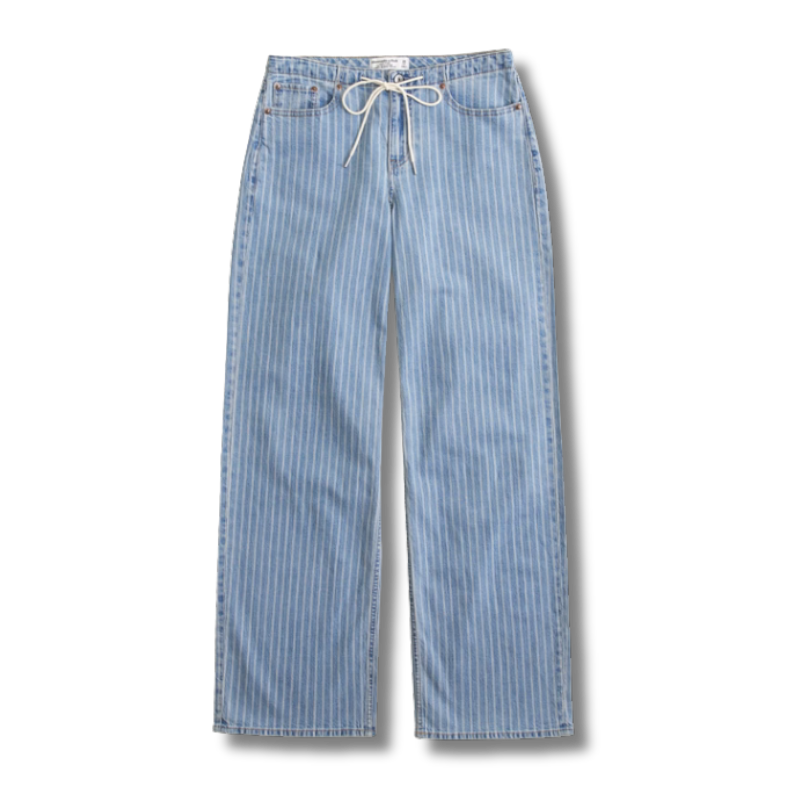 Light blue jeans with white vertaical stripes and white tie