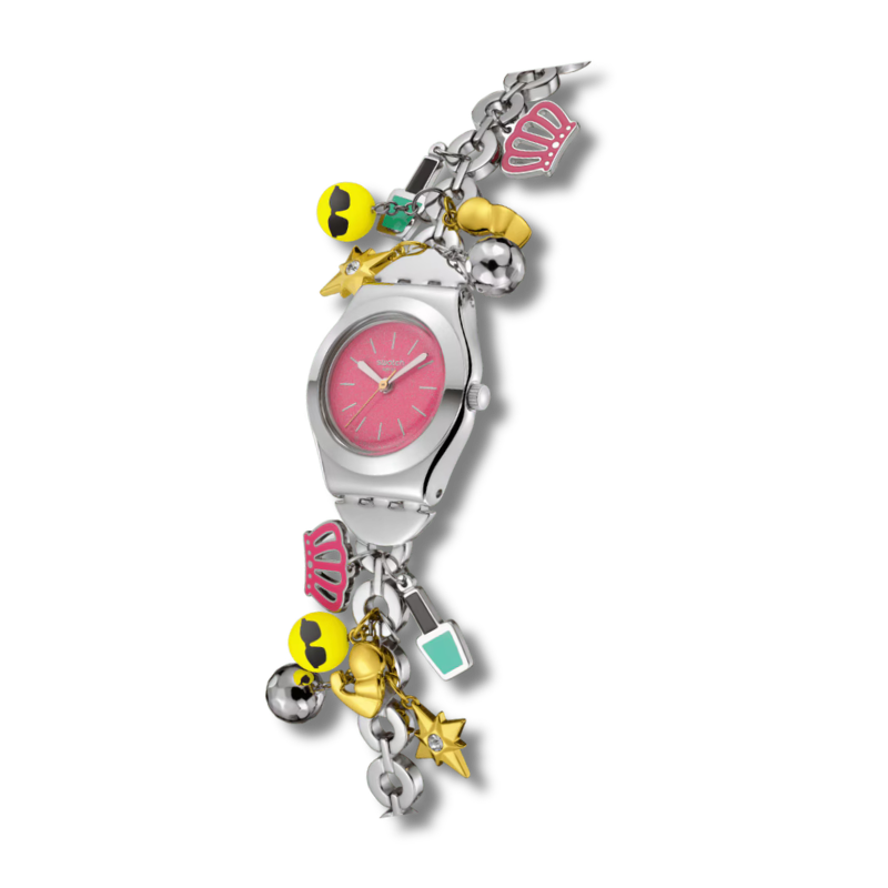 Silver watch with various charms and pink face of watch
