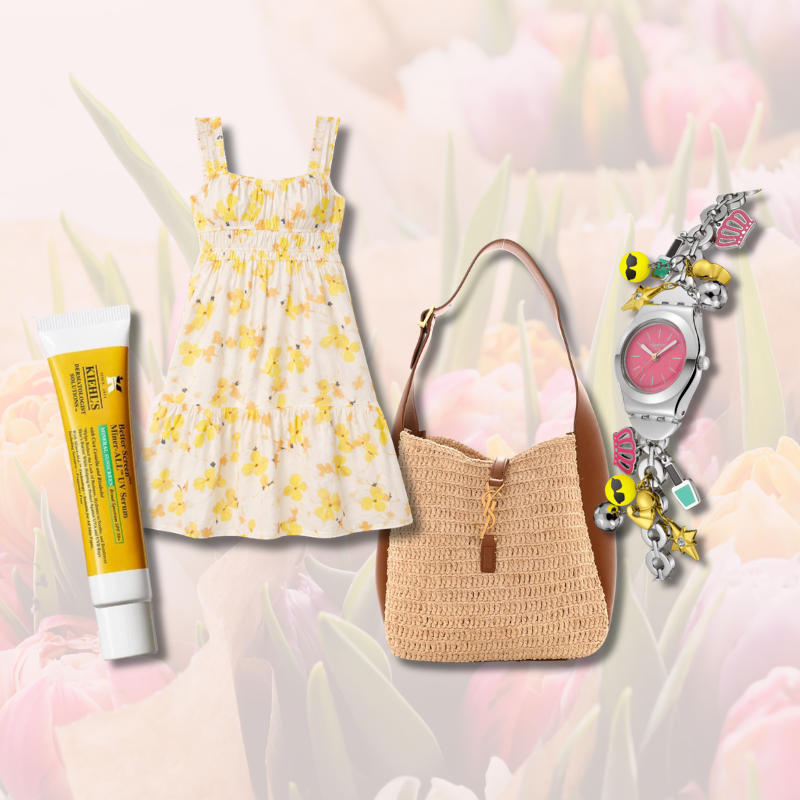 Sunscreen, dress, purse, and charm watch