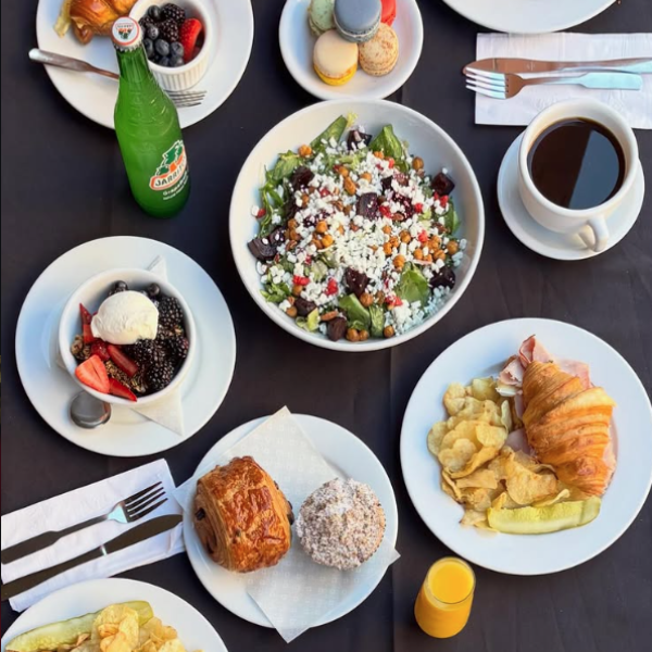Various food items on a dark wooden table