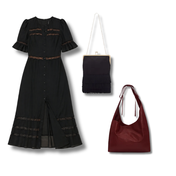 Black lace dress, black purse with chain, maroon leather purse