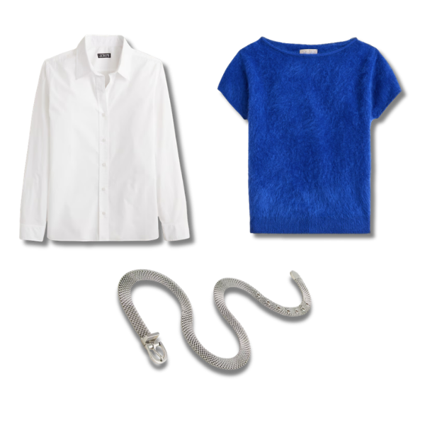 White button-up, blue cashmere top, silver chain belt