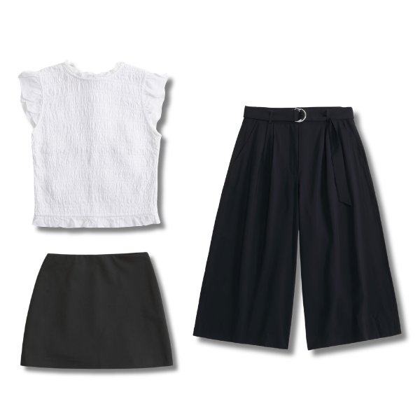 White top, black skirt, black pant