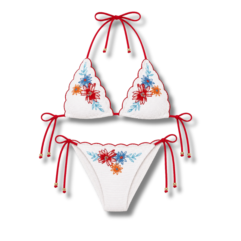White bikini with red strings and stitched flowers
