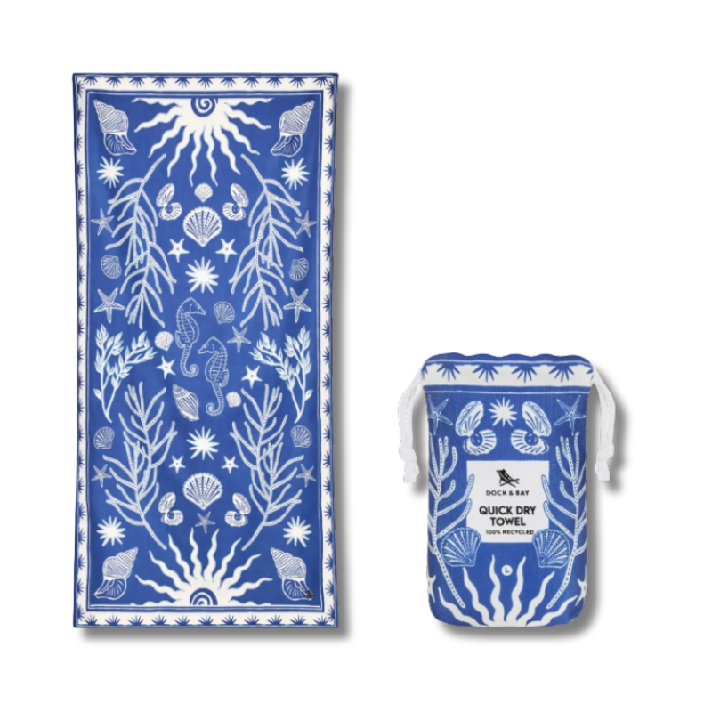 Dark blue beach towl with a collagae of different beach illustrations in white