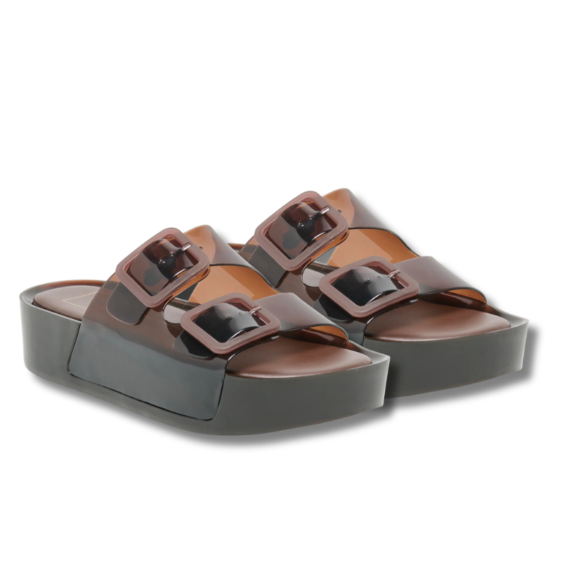 Dark brown sandals with two straps and jelly like look