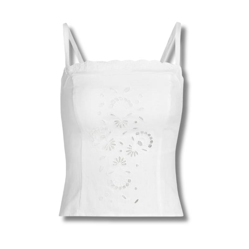 White linen tank top with floral embroidery in white in the middle