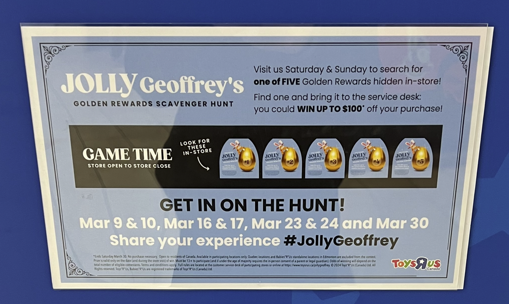 Toys R' Us Jolly Geoffrey's Golden Rewards Scavenger Hunt Dufferin