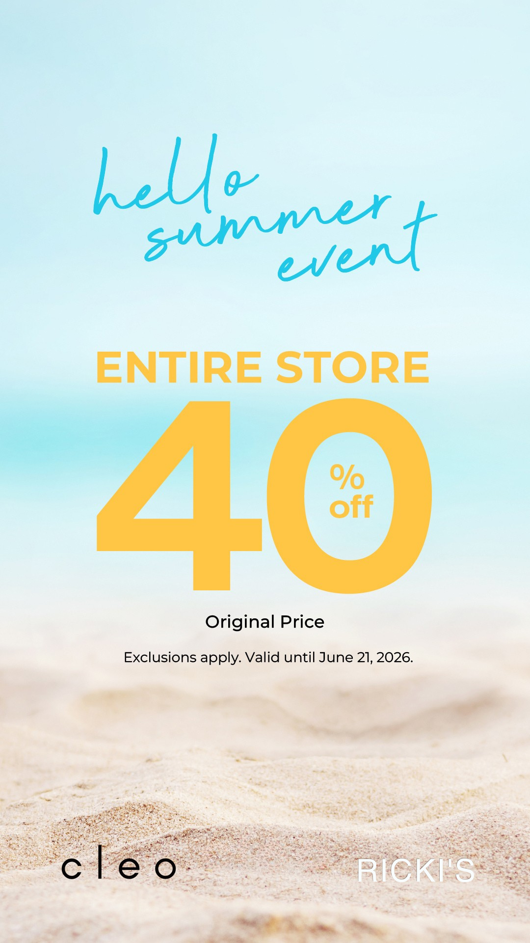 Hello Summer ☀️ Save 40% OFF the entire store at Cleo for a limited time.