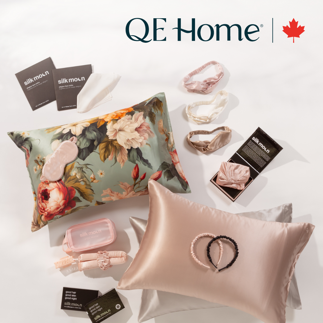 QE Home
There is a grey silk pillow accompanied by a silk eye cover, scrunchie, hair band and candle.