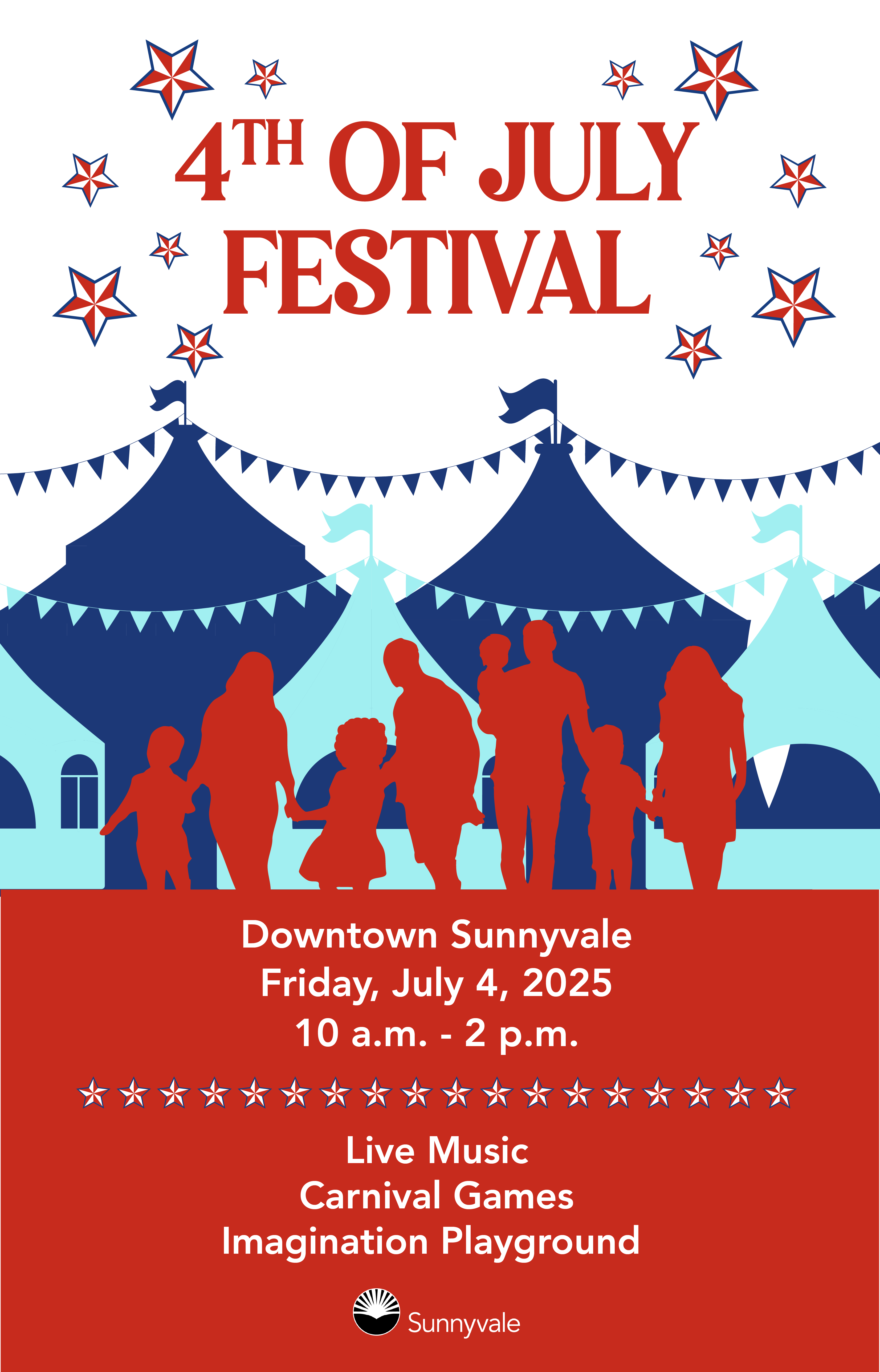 4th of July Festival on July 4, 2025 from 10 a.m. to 2 p.m. at Downtown Sunnyvale. Enjoy free activities such as carnival games, our imagination playground, and live music. For questions email Recreation@sunnyvale.ca.gov