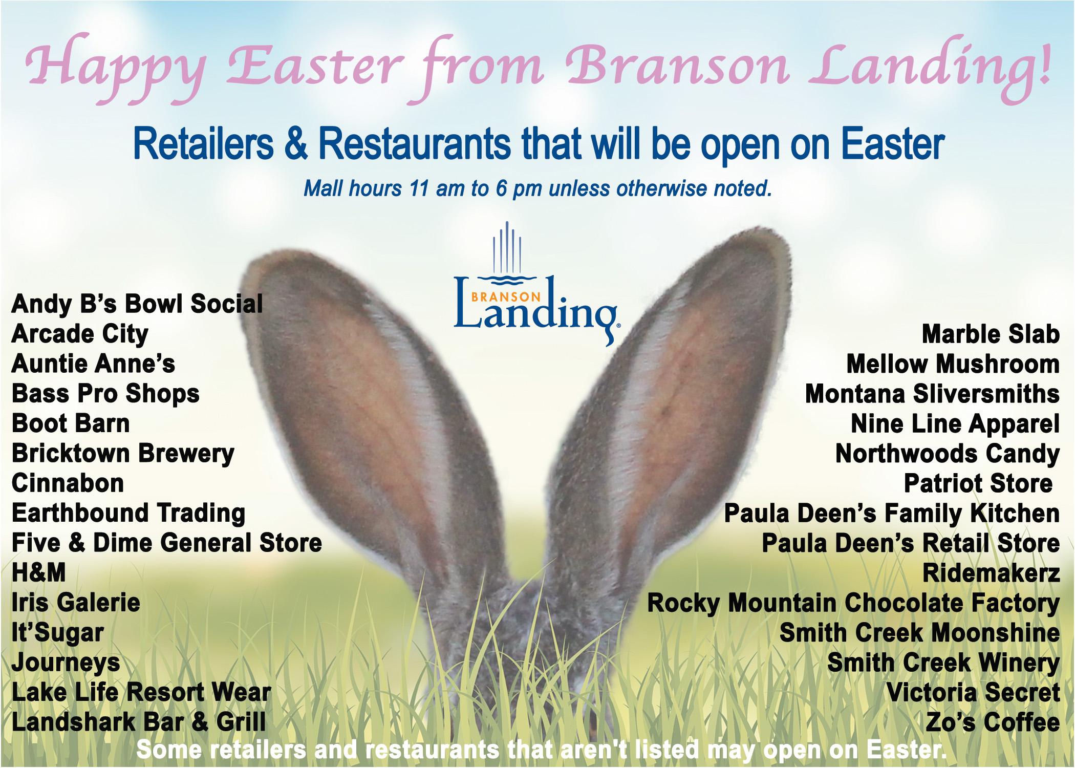 Here are the stores & restaurants that will be open on Easter (4/5/26) at Branson Landing!